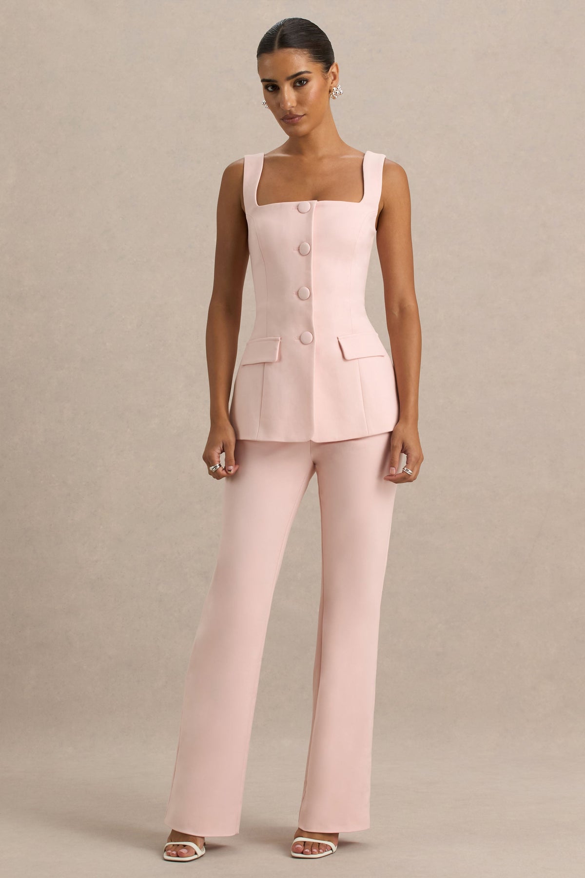 Aceline | Baby Pink Square-Neck Tailored Jumpsuit