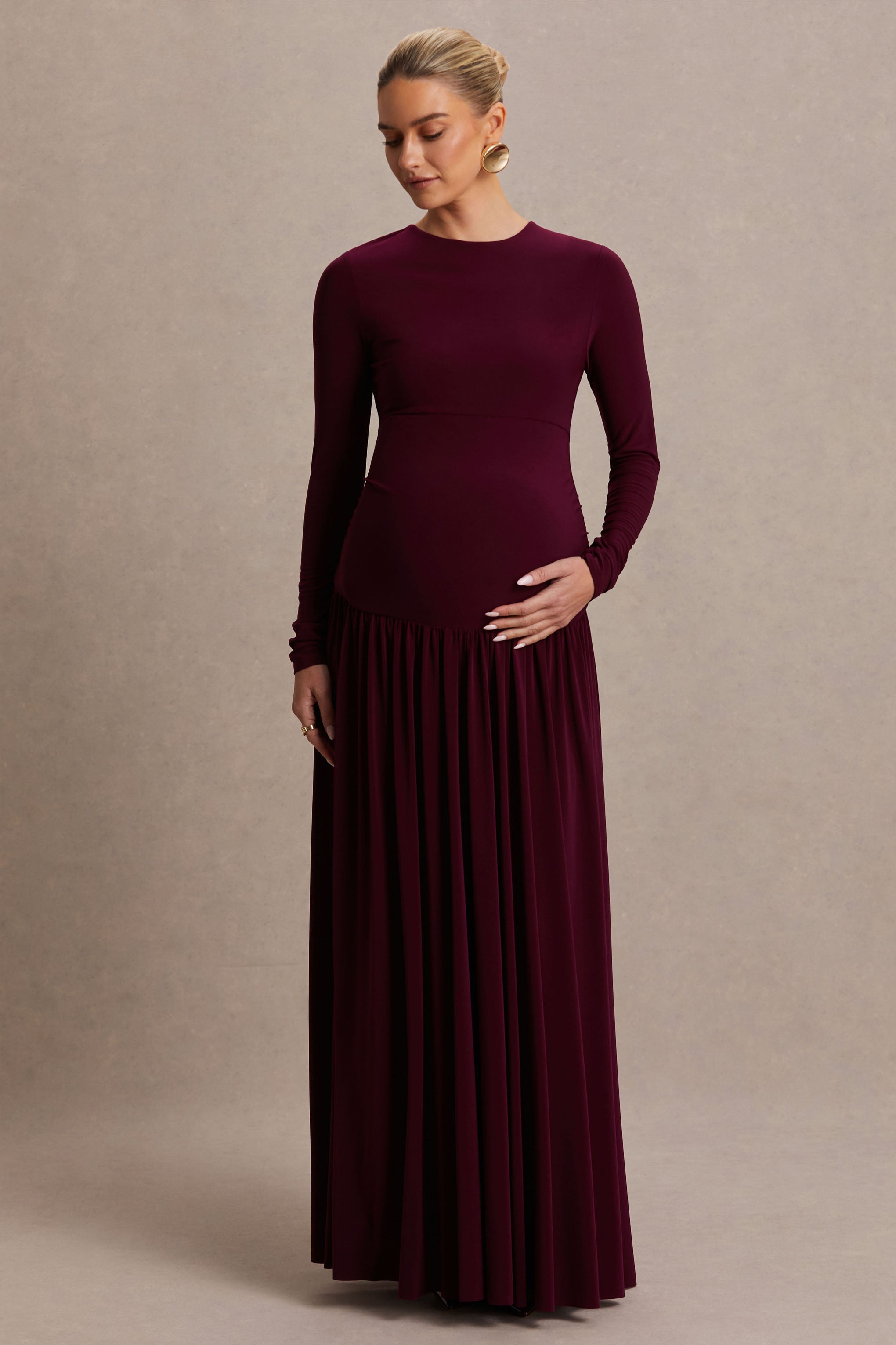 Monroe | Burgundy Crew-Neck Maternity Maxi Dress With Drop-Waist
