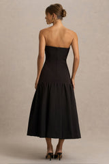 Briella | Black Bandeau Midi Dress With Gold-Button Detailing