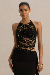 Twinkler | Black High-Neck Embellished Top With Cut-Outs