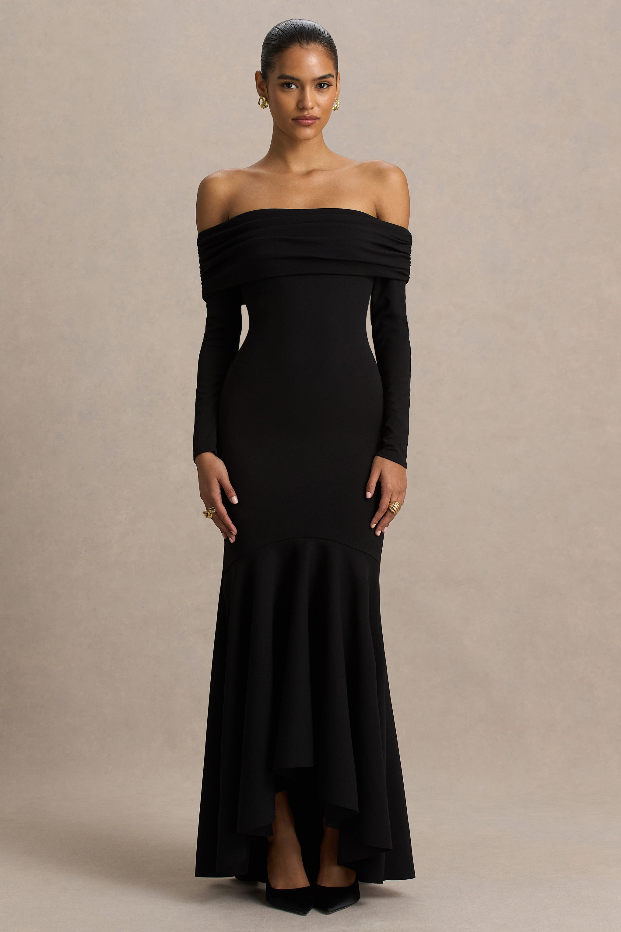 Everlasting | Black Bardot-Neck Maxi Dress With Pleated Detailing