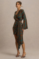 Dimitra | Dark Green And Brown Velvet Devore Plunge-Neck Wrap Mini Dress