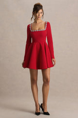 Astonish | Red Long-Sleeve Embellished Square-Neck Mini Dress With Volume Skirt
