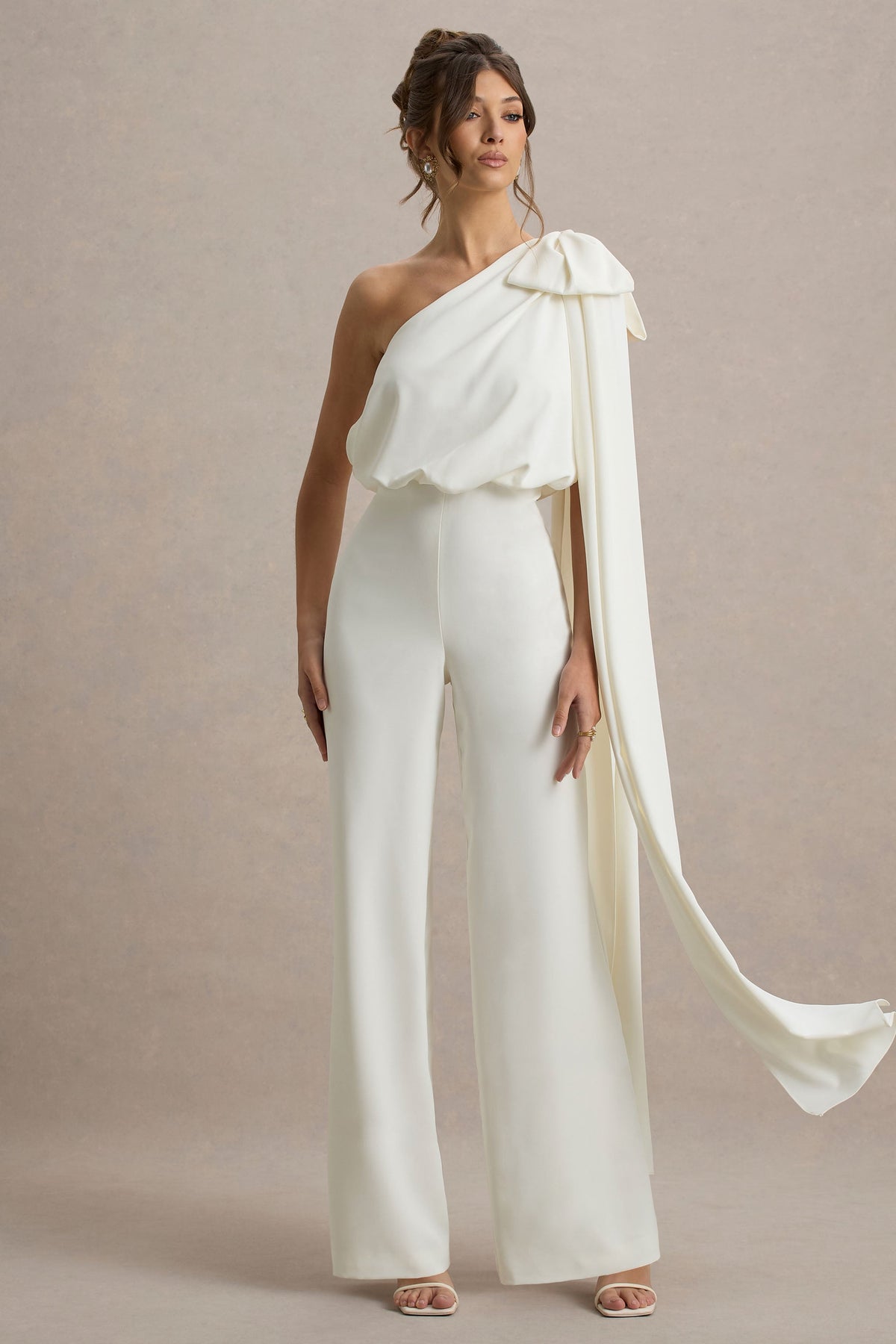 Alice | Cream Asymmetric Bow Shoulder Jumpsuit With Drape