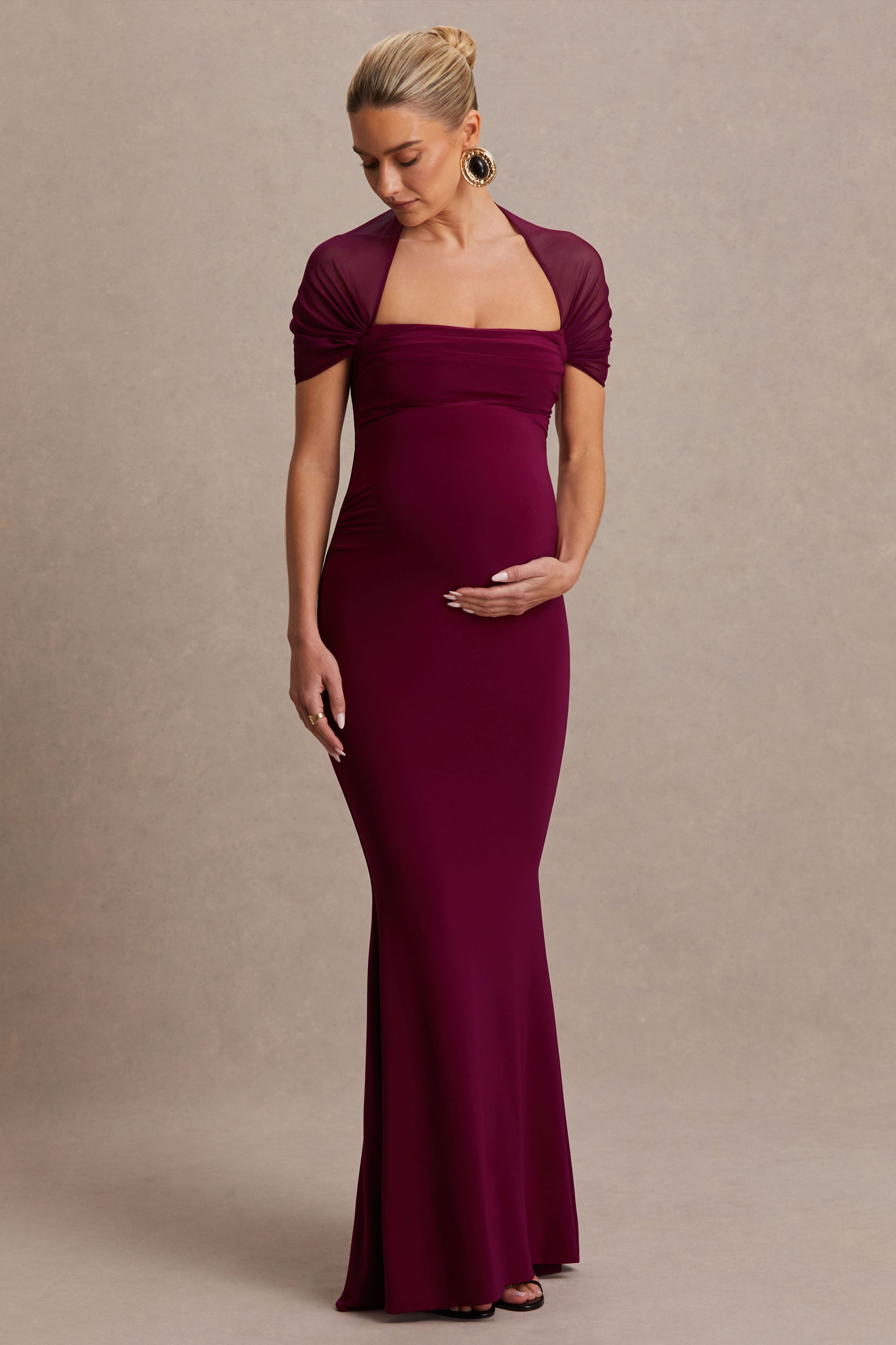 Dome | Burgundy Square-Neck Mesh-Sleeve Maternity Maxi Dress