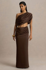 Megan | Brown Satin Wrap Maxi-Skirt With Gathered Detailing