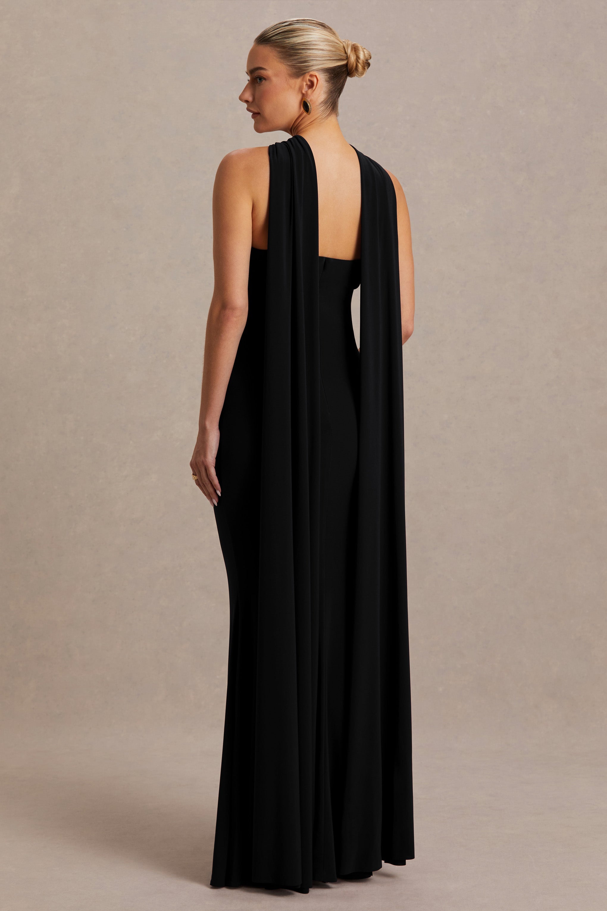 Lyra | Black Cross Halter-Neck Maternity Maxi Dress With Cape