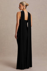 Lyra | Black Cross Halter-Neck Maternity Maxi Dress With Cape