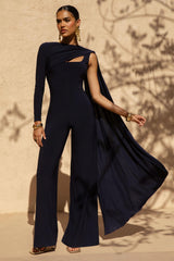 Graces | Navy High-Neck Jumpsuit With Cape Sleeve