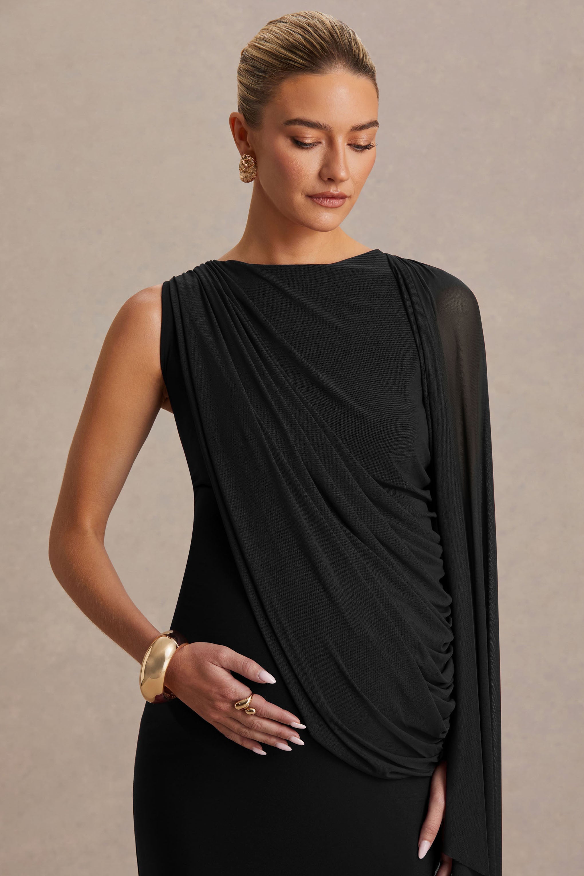 Cristina | Black High-Neck Maternity Maxi Dress With Cape-Sleeve