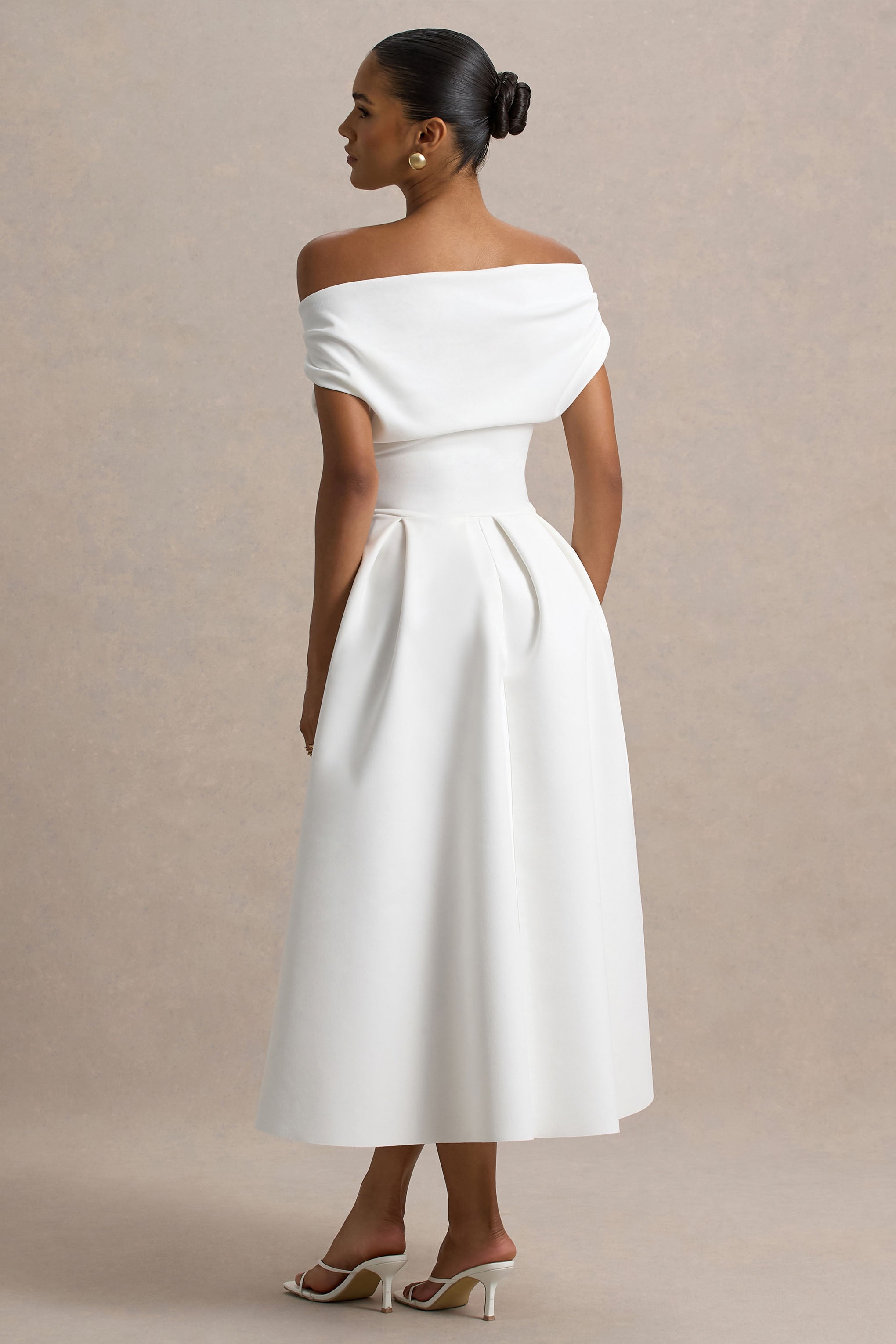 Demi | White Asymmetric-Neck Midi Dress