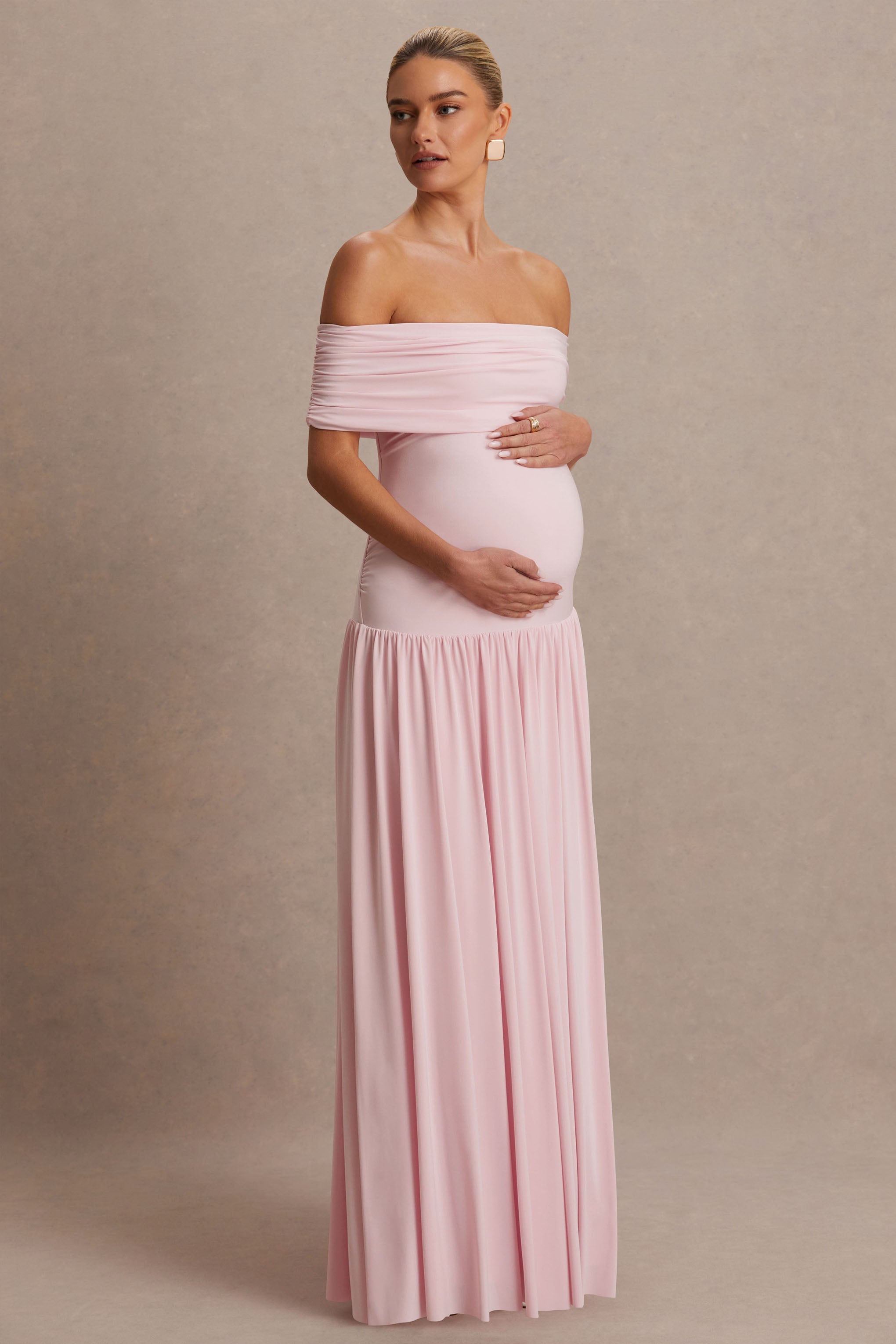 Juliette | Blush Pink Bardot-Neck Maternity Maxi Dress With Drop-Waist