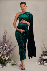 Amaryllis | Bottle Green Velvet Maternity One Shoulder Maxi Dress with Cape Sleeve