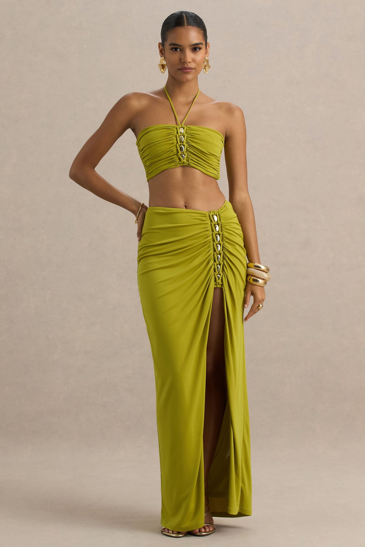 Coastline | Green Ruched Maxi Skirt With Split