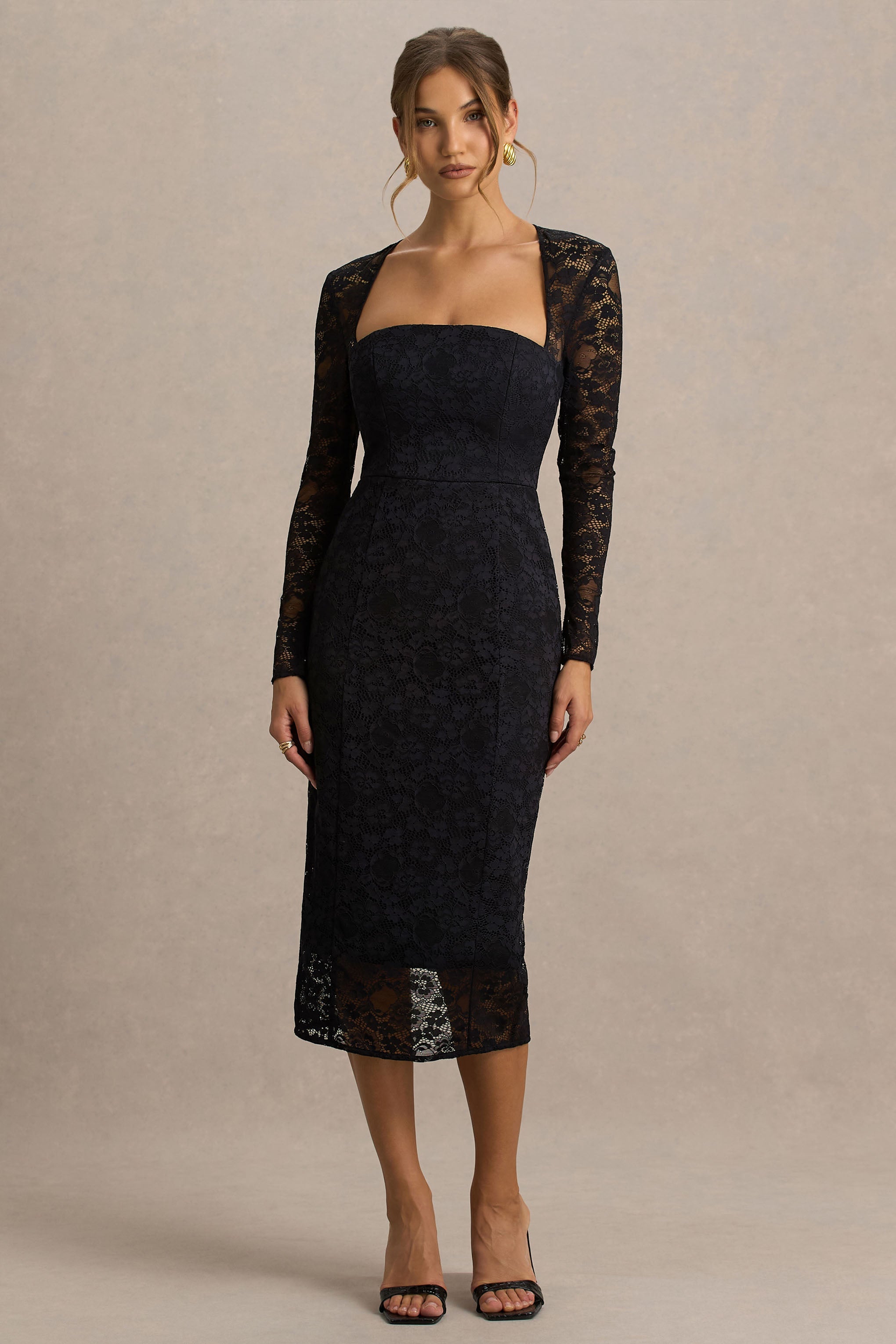 Alissa | Black Lace Square-Neck Midi Dress