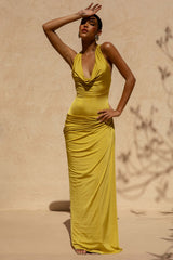 Mademoiselle | Yellow Cowl-Neck Maxi Dress With Draped Detailing