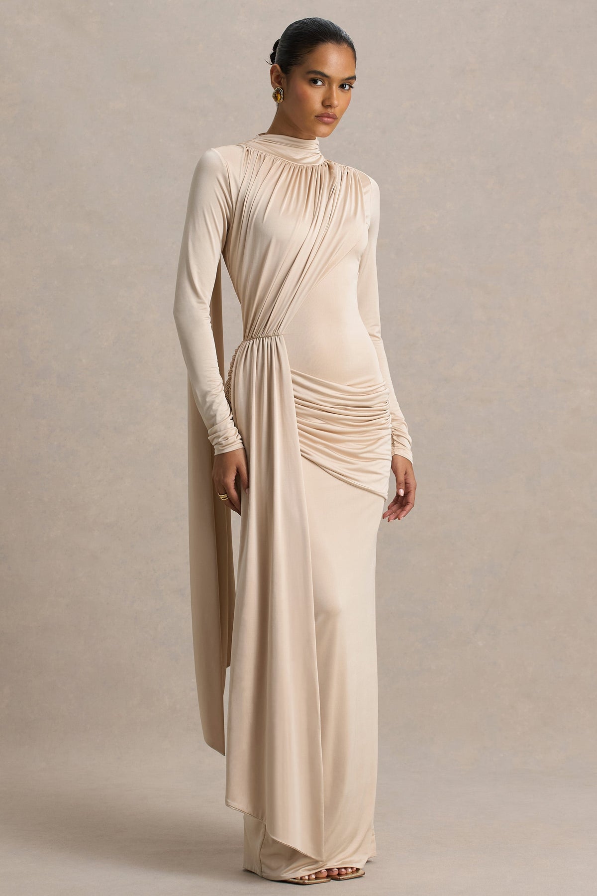Romi | Champagne High-Neck Maxi Dress With Ruched Detailing