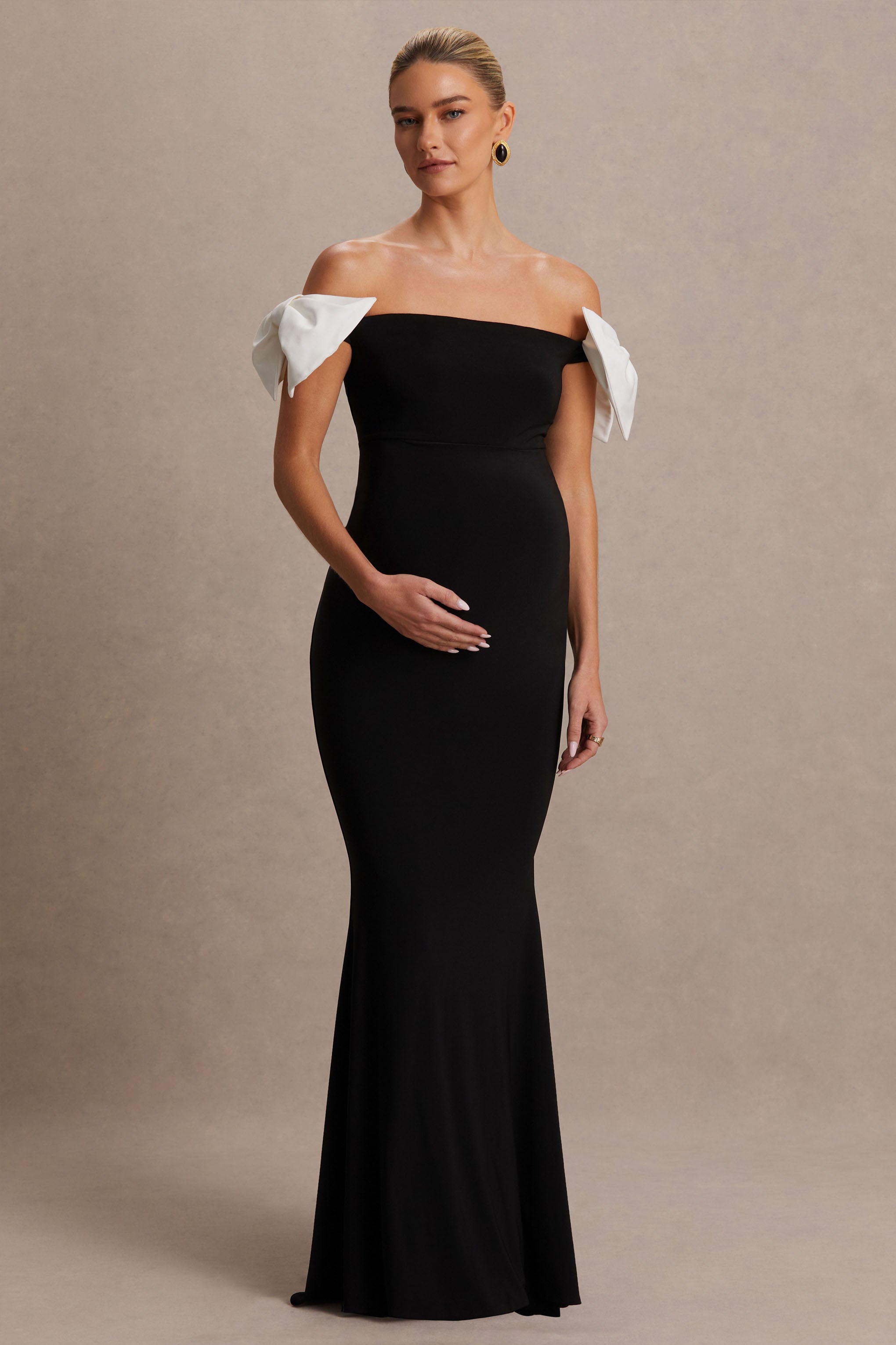 Didi | Black & White Bardot Bow Detail Maternity Maxi Dress