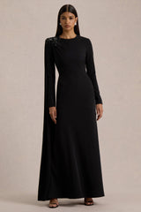 Reese | Black High-Neck Maxi Dress With Embellished Detail and Sash