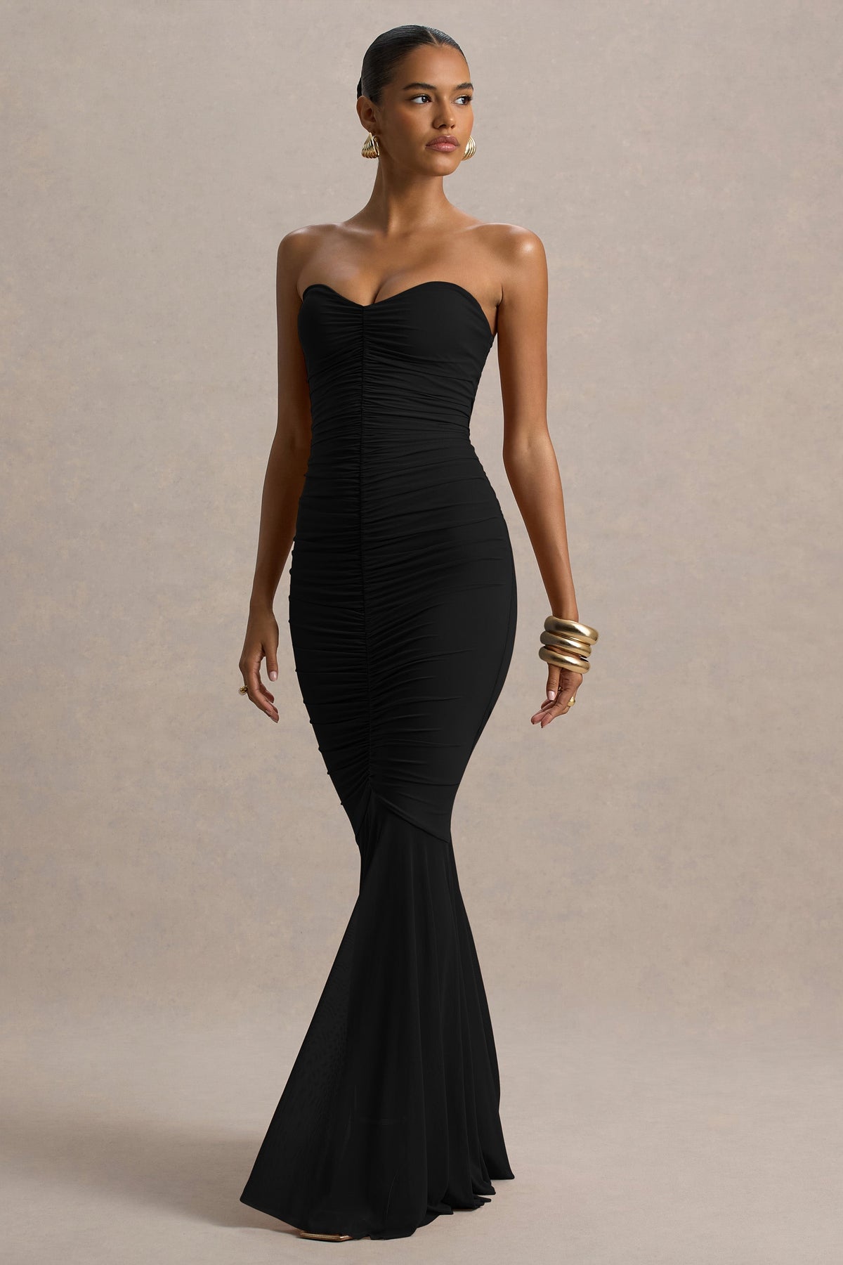 Talisa | Black Bandeau Ruched Maxi Dress With Mesh Fishtail