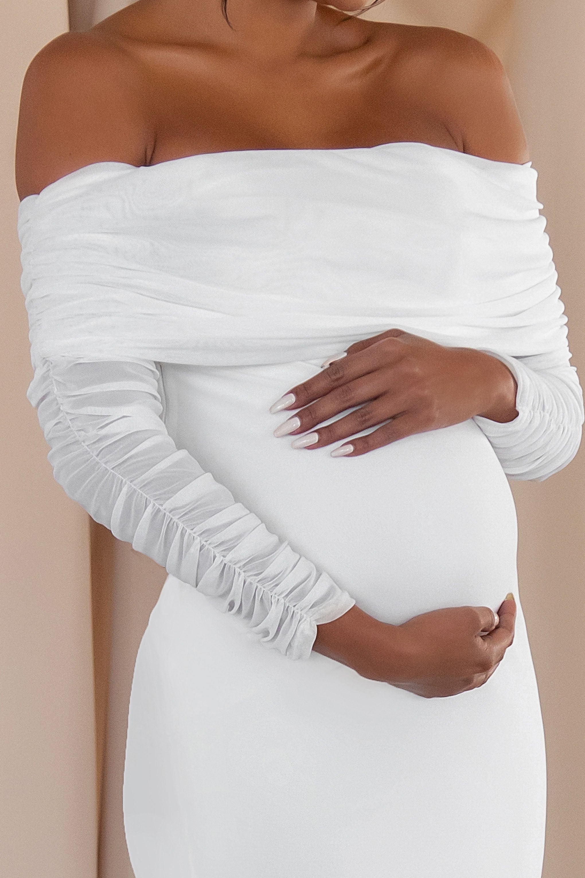 Pretty Perfect | White Maternity Ruched Mesh Bardot Maxi Dress