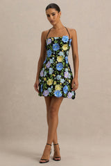 Aisha | Black Floral Embellished Square-Neck Mini Dress