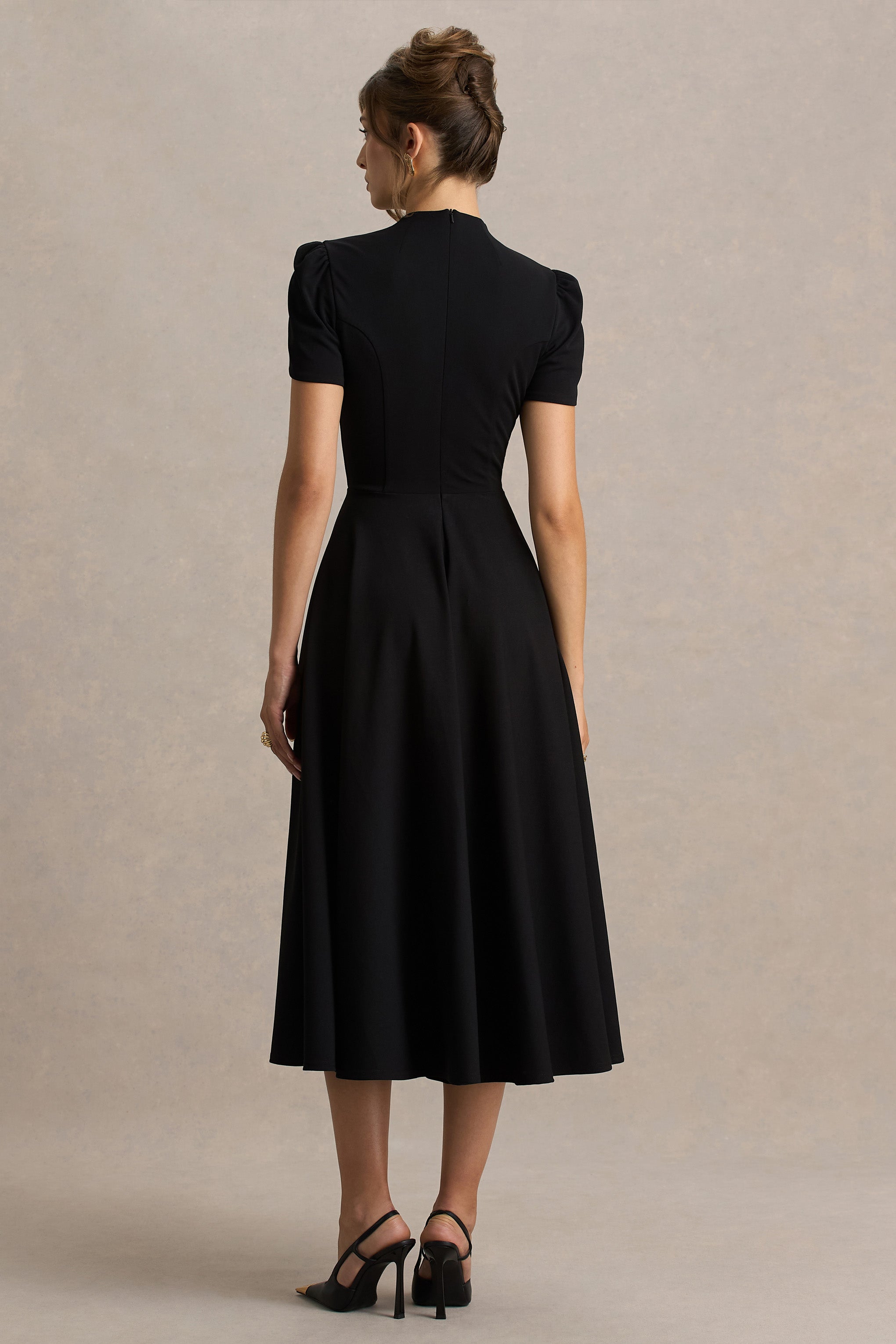 Vicky | Black High Neck Midi Dress With Puff Sleeves