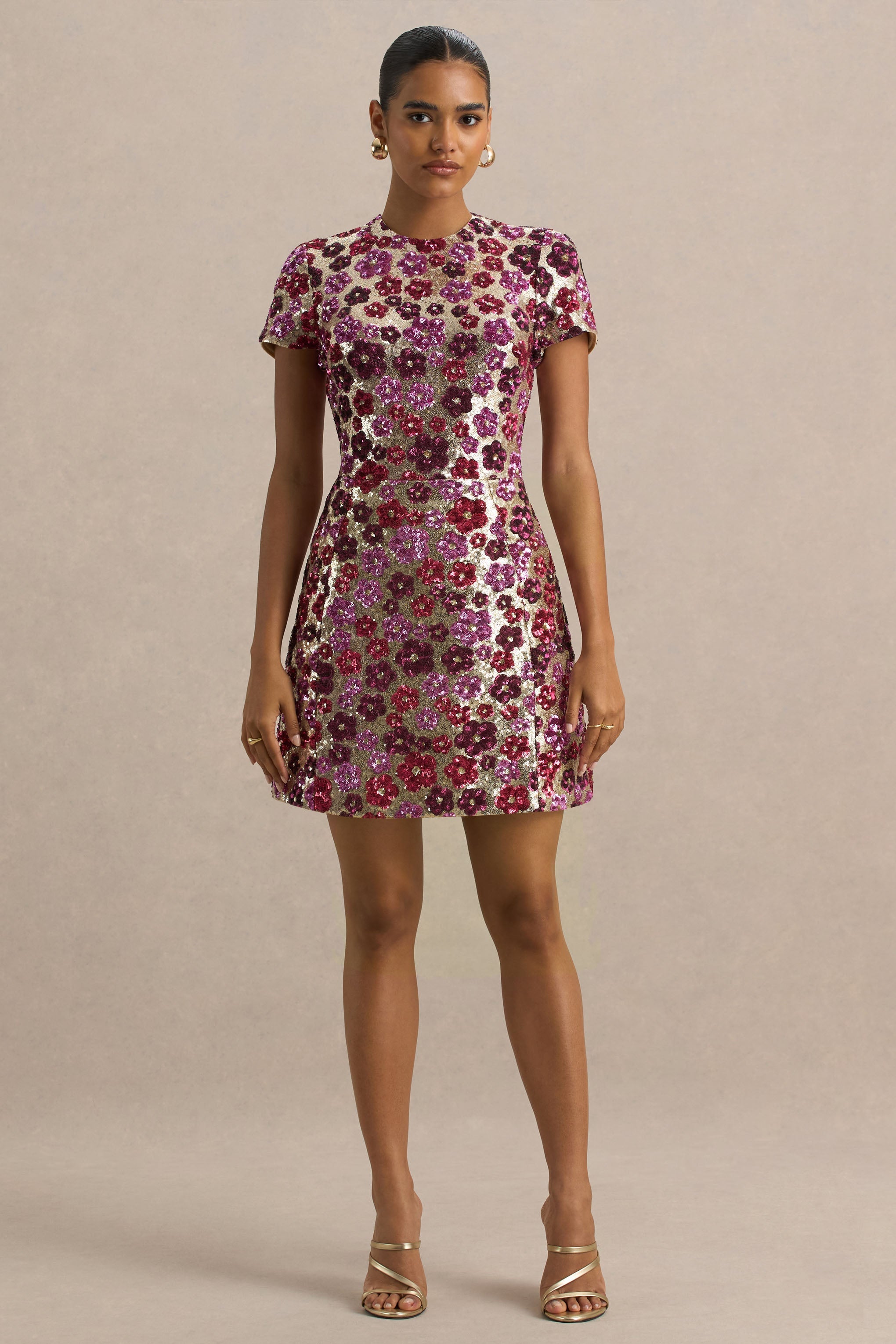 Eira | Pink Floral Embellished Sequin Crew-Neck Mini Dress