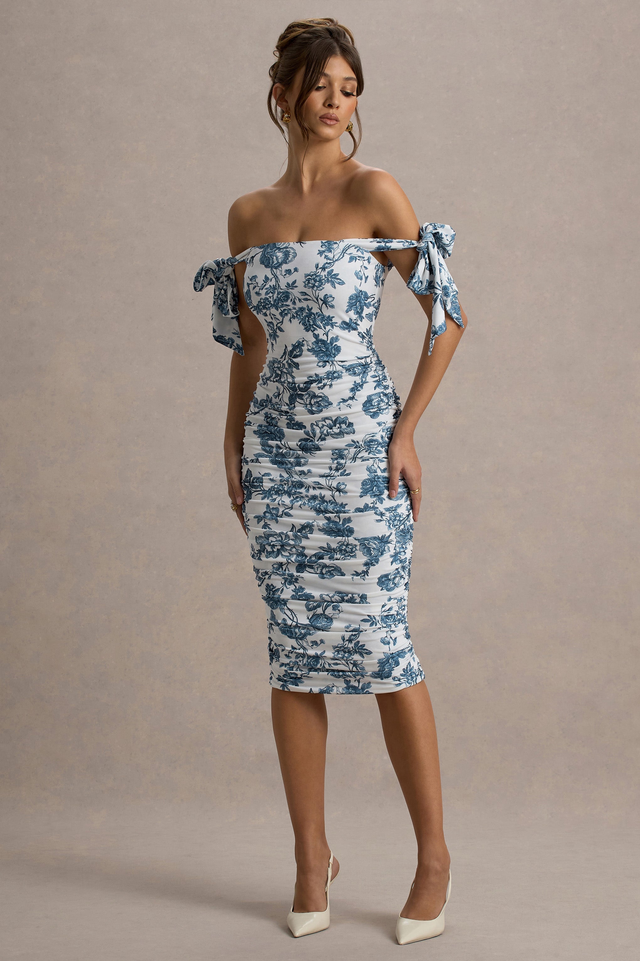 Citrus | Blue Porcelain Print Bardot Bodycon Midi Dress With Bow Sleeves