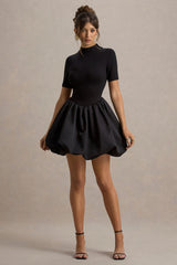 Blake | Black Short-Sleeve Mini Dress With Satin Puffball Skirt