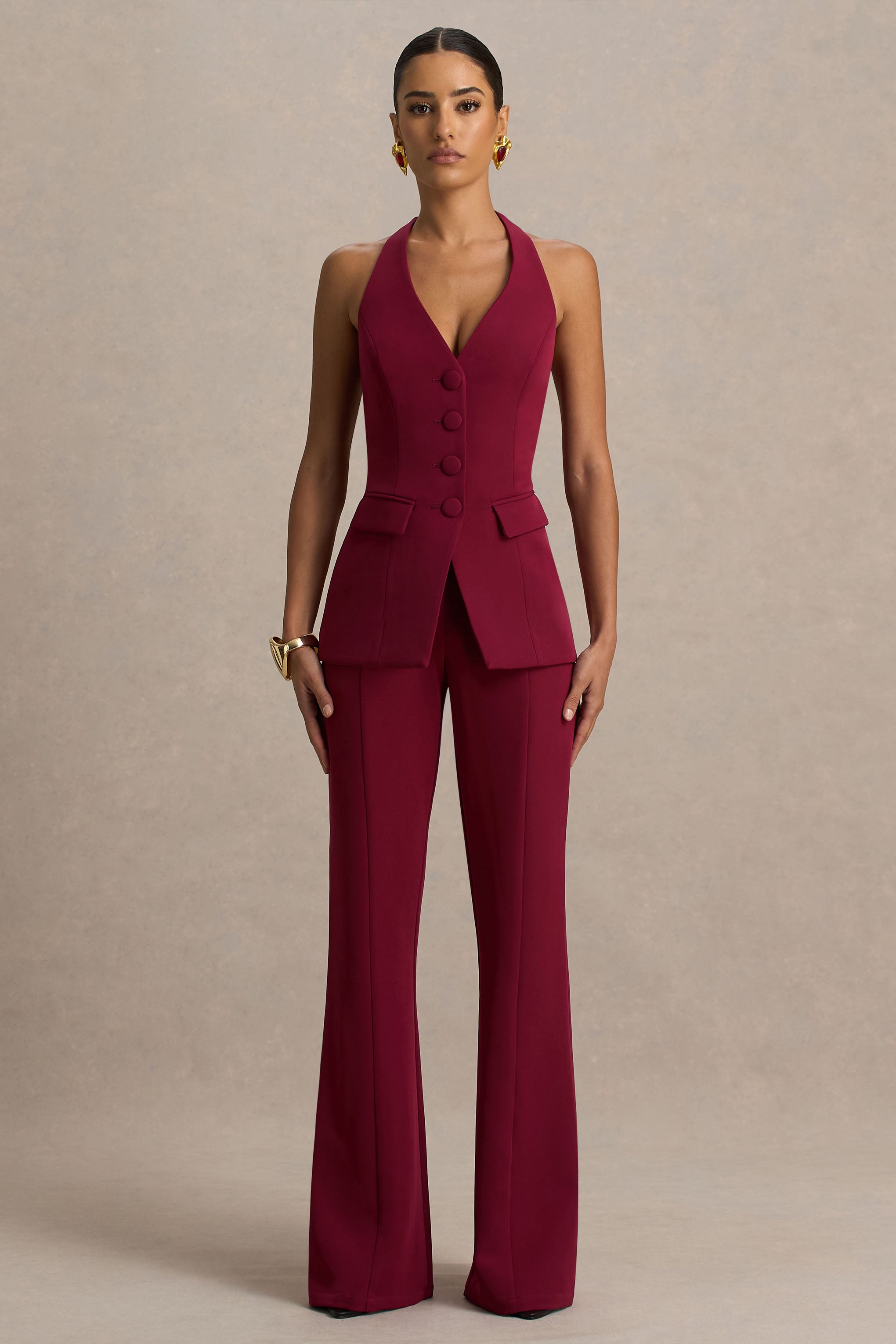 Carina | Burgundy Flared-Leg Tailored Trousers