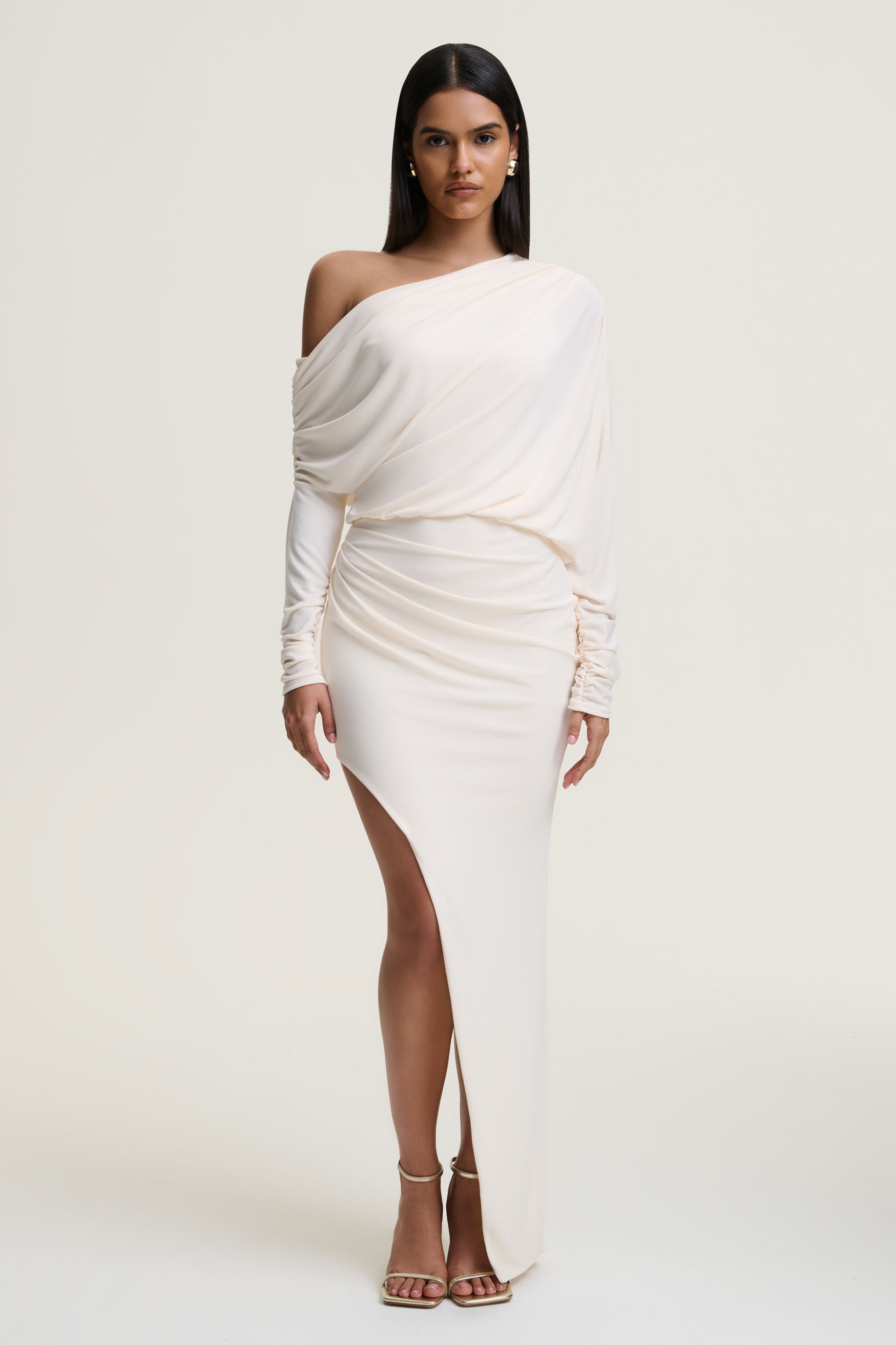 Olivia | Cream Asymmetric-Neck Maxi Dress With Ruched Detailing Asymmetric-Hem