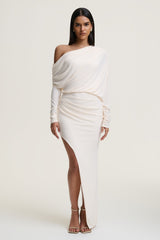 Olivia | Cream Asymmetric-Neck Maxi Dress With Ruched Detailing Asymmetric-Hem