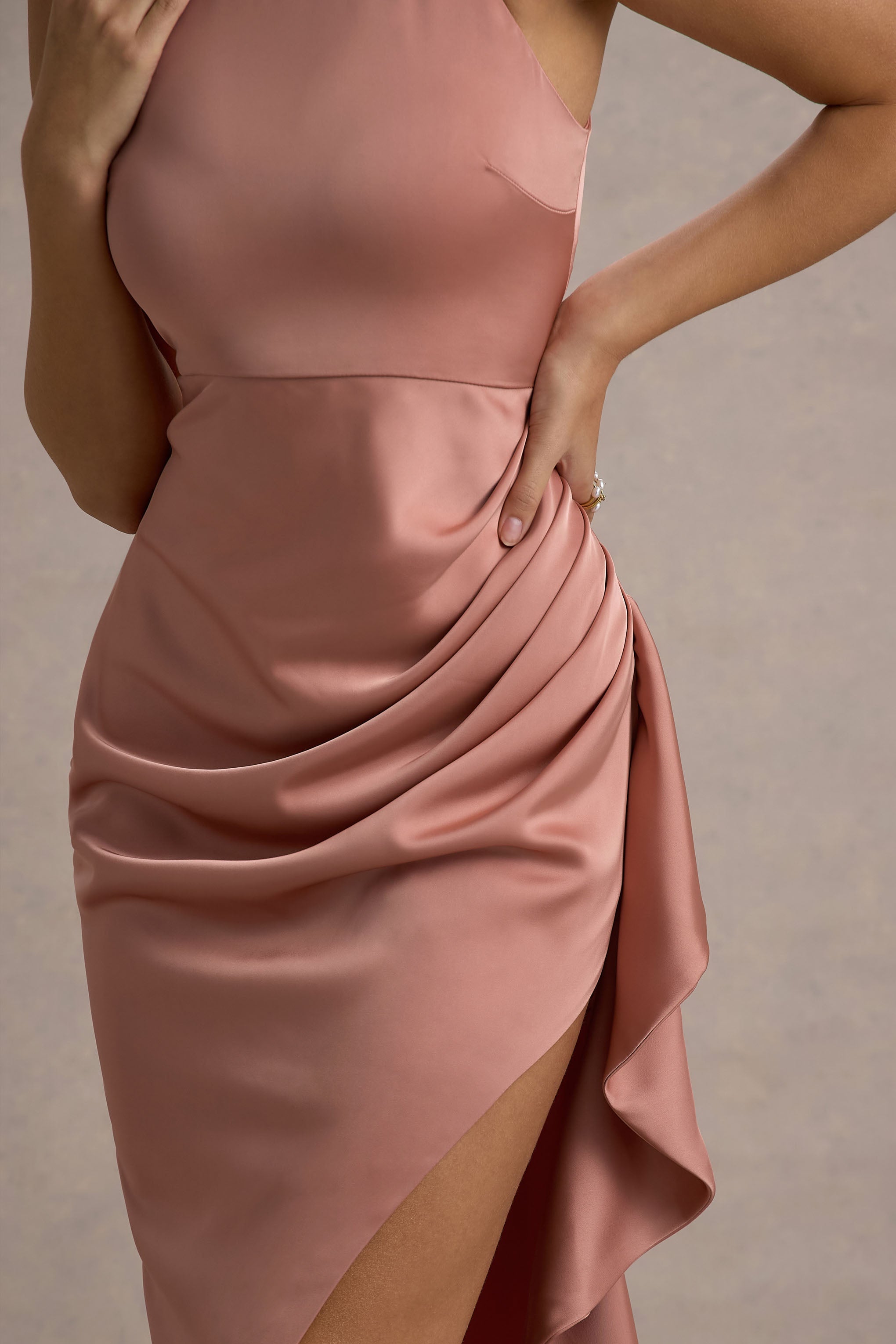 Maureen | Pink Satin High-Neck Draped Maxi Dress