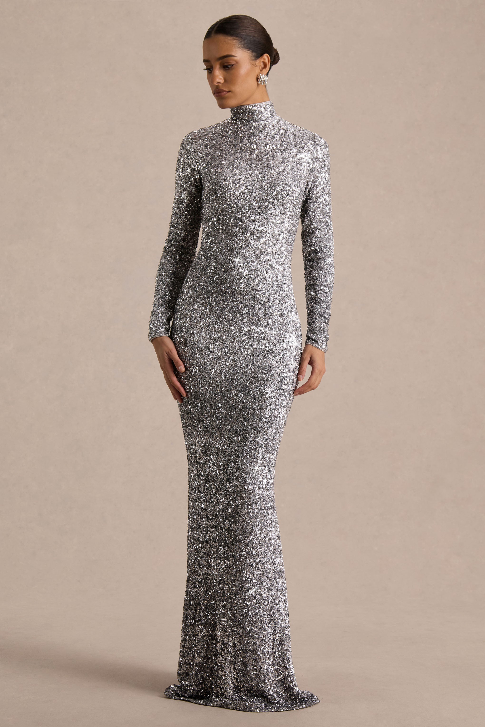 Galaxy | Silver Sequin Turtle-Neck Long-Sleeve Maxi Dress