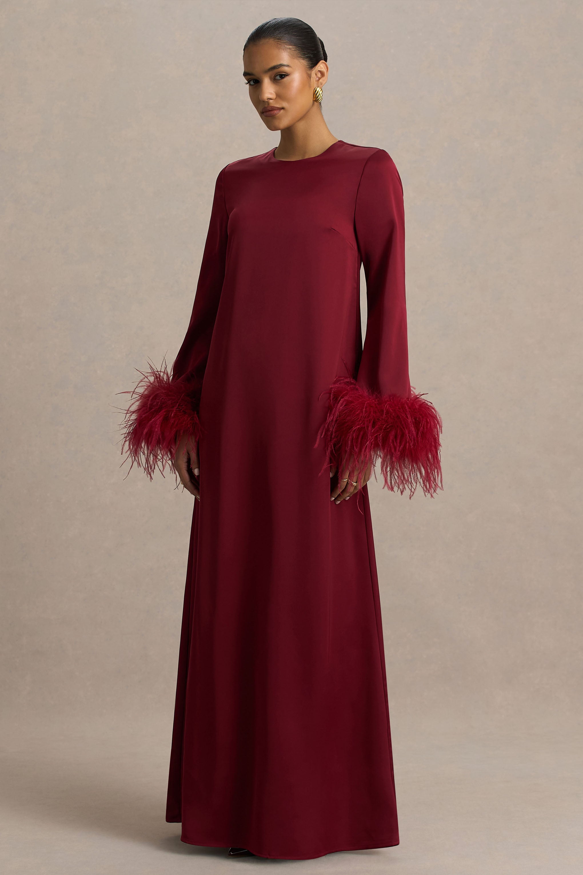 Adella | Burgundy Satin Feather-Trim Maxi Dress