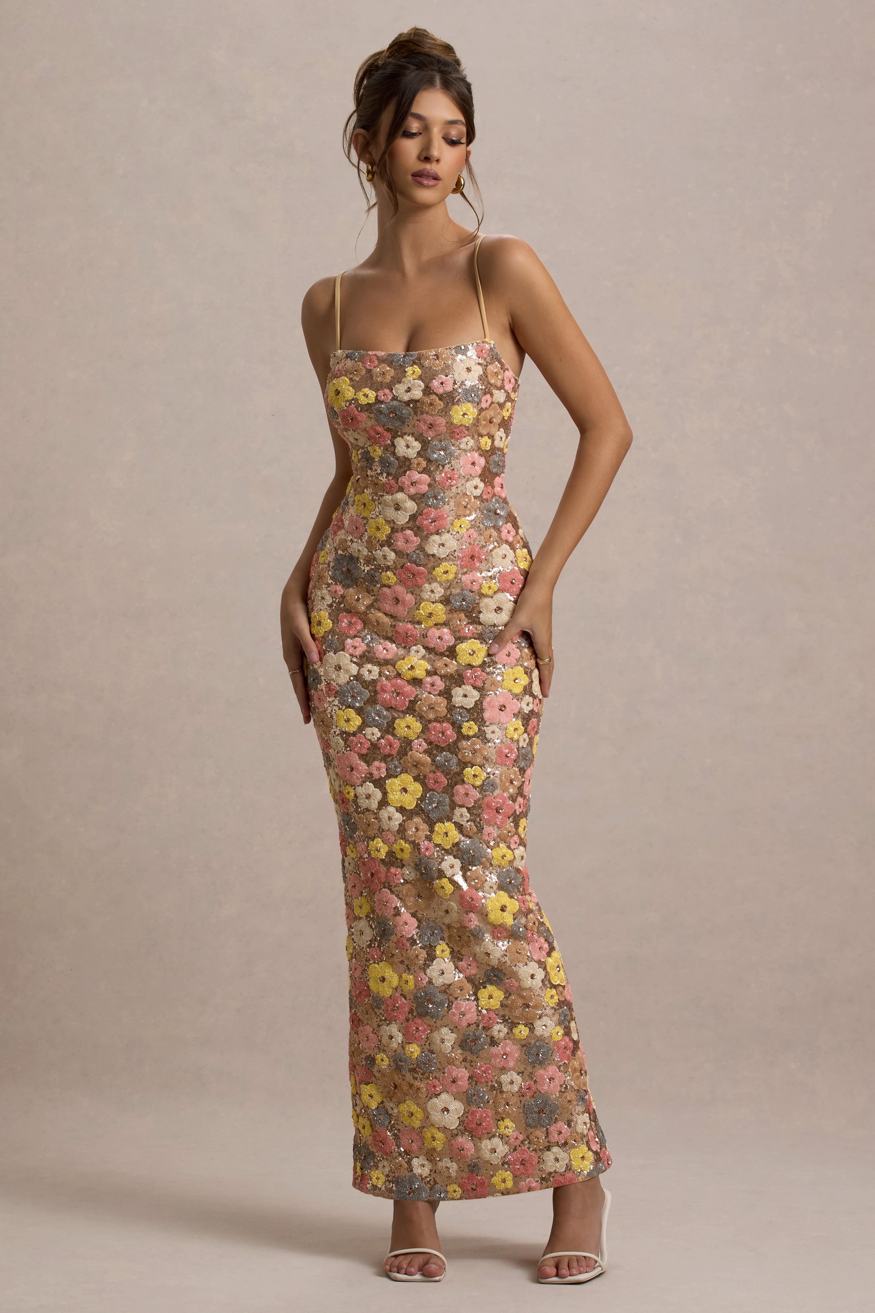 Vitora | Pastel Floral Print Embellished Sequin Square-Neck Maxi Dress