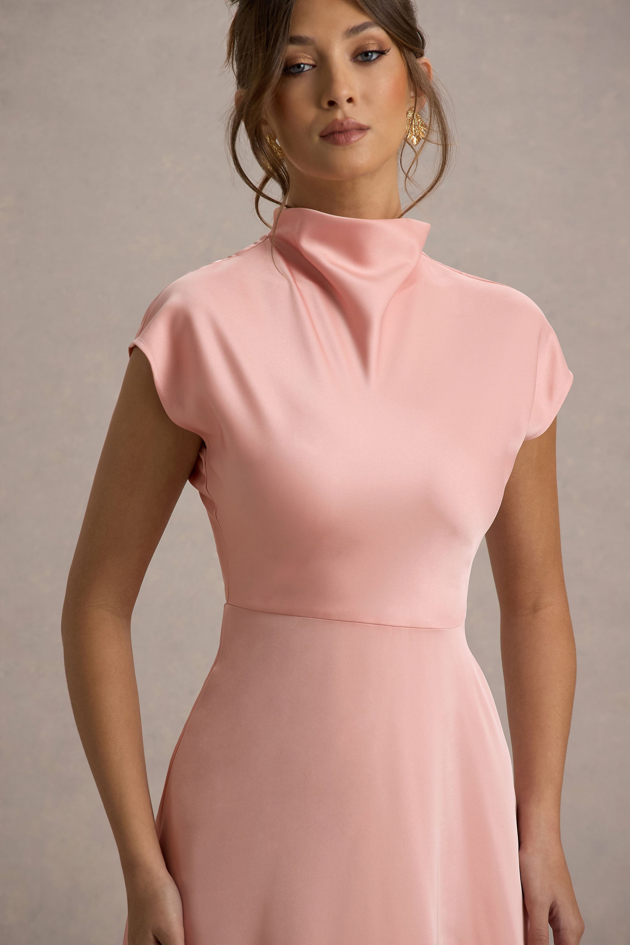 Velma | Light Pink Satin Midi Dress With Draped Hem