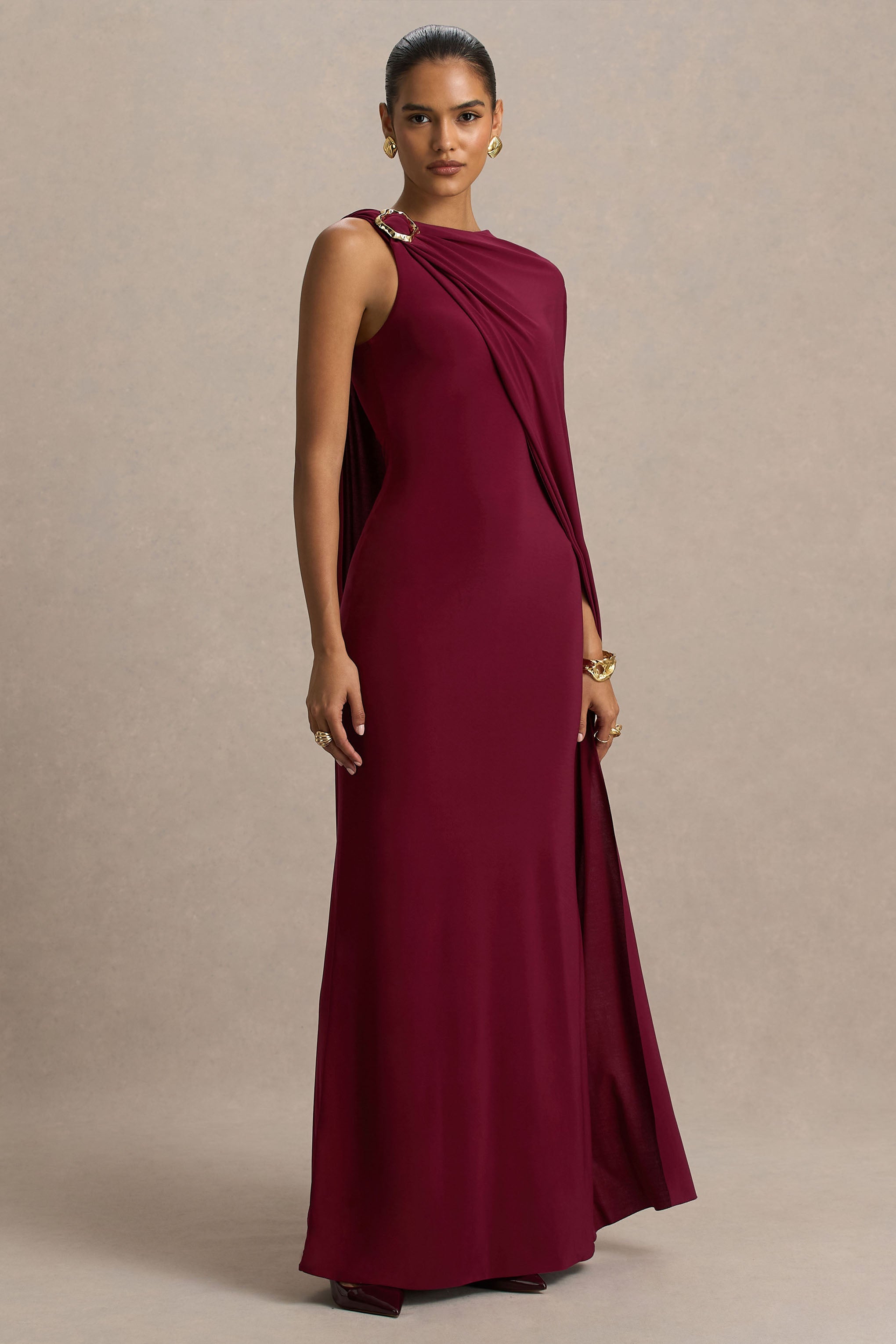 Cressida | Burgundy Asymmetric-Neck Maxi Dress With Cape And Gold Detail