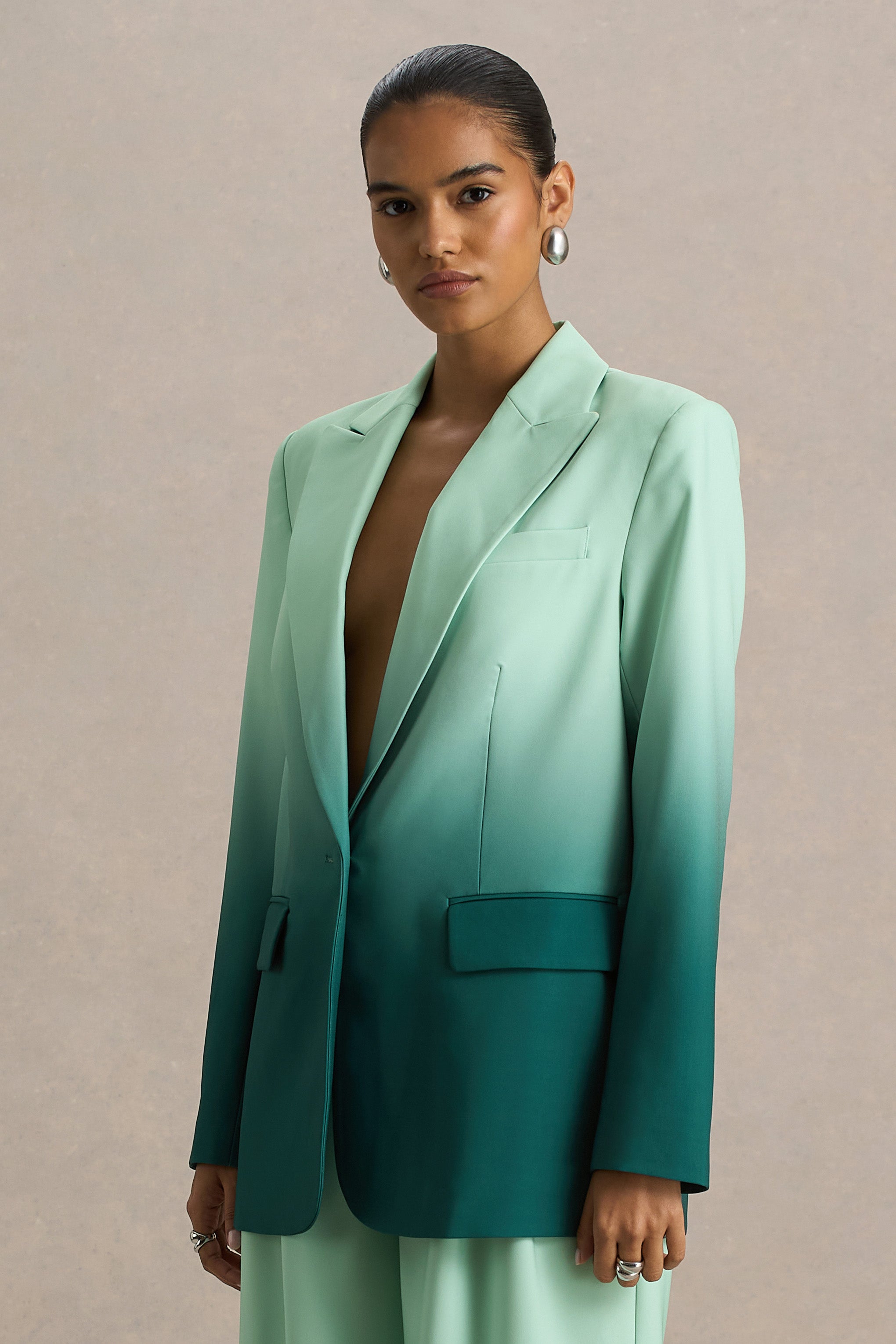 Enya | Emerald Ombre Plunge-Neck Satin Blazer