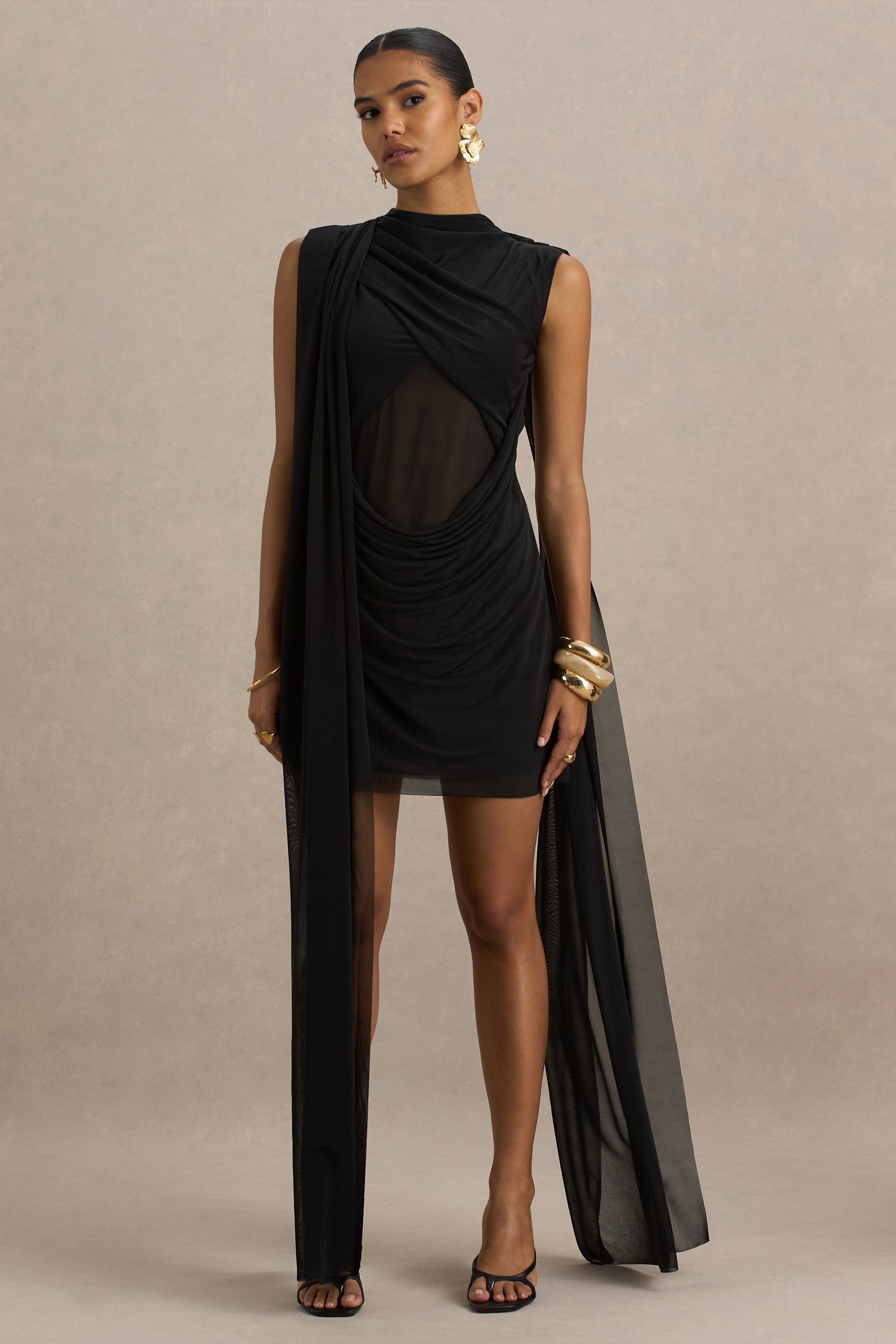 Riad | Black Chiffon Mini Dress With Sheer Bodice Two-Sleeve Cape