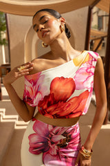 Lia | Large Multi Floral Print Asymmetric Crop-Top