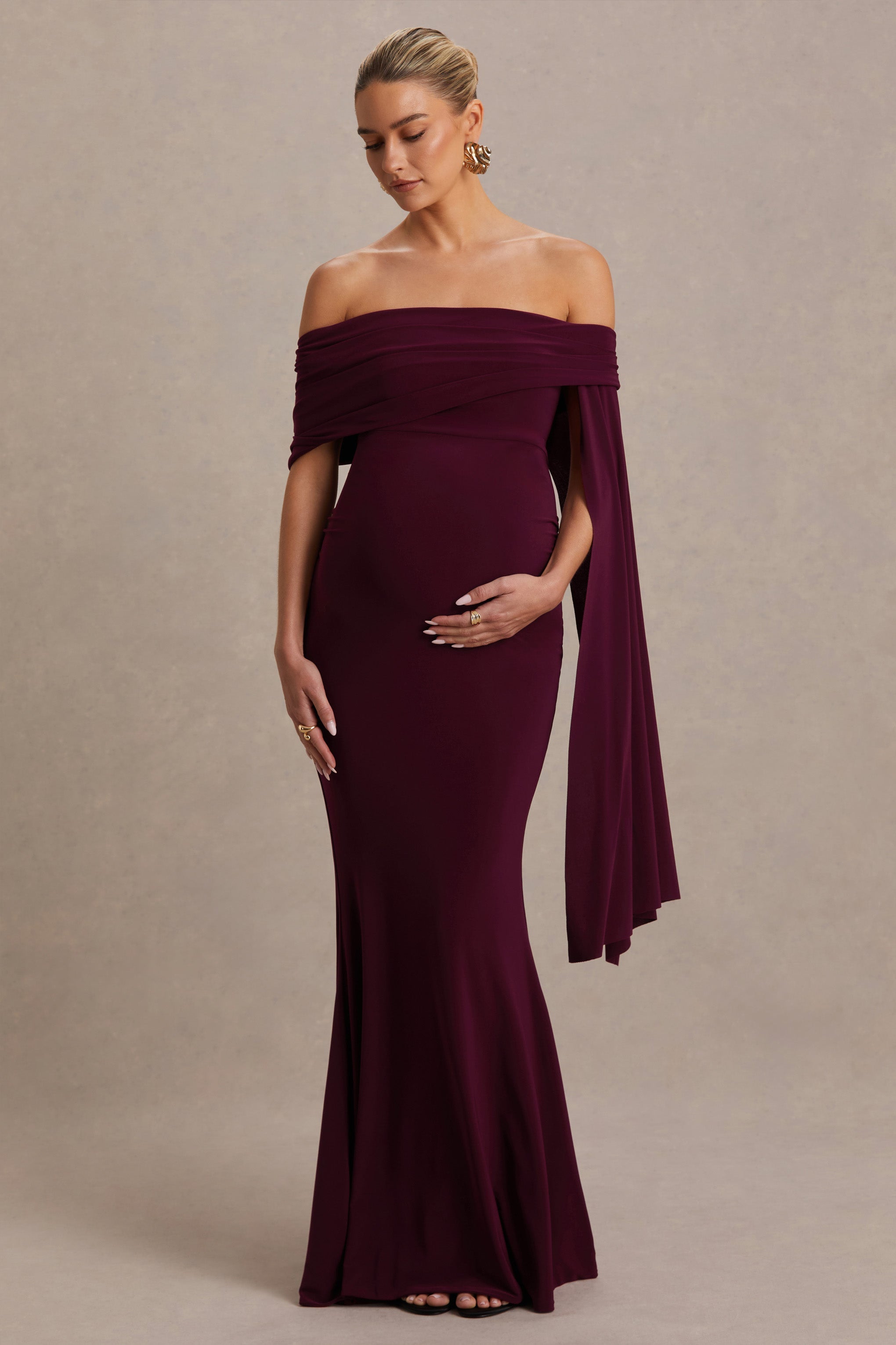 Aquila | Burgundy Bardot Maternity Maxi Dress With Draped Detail