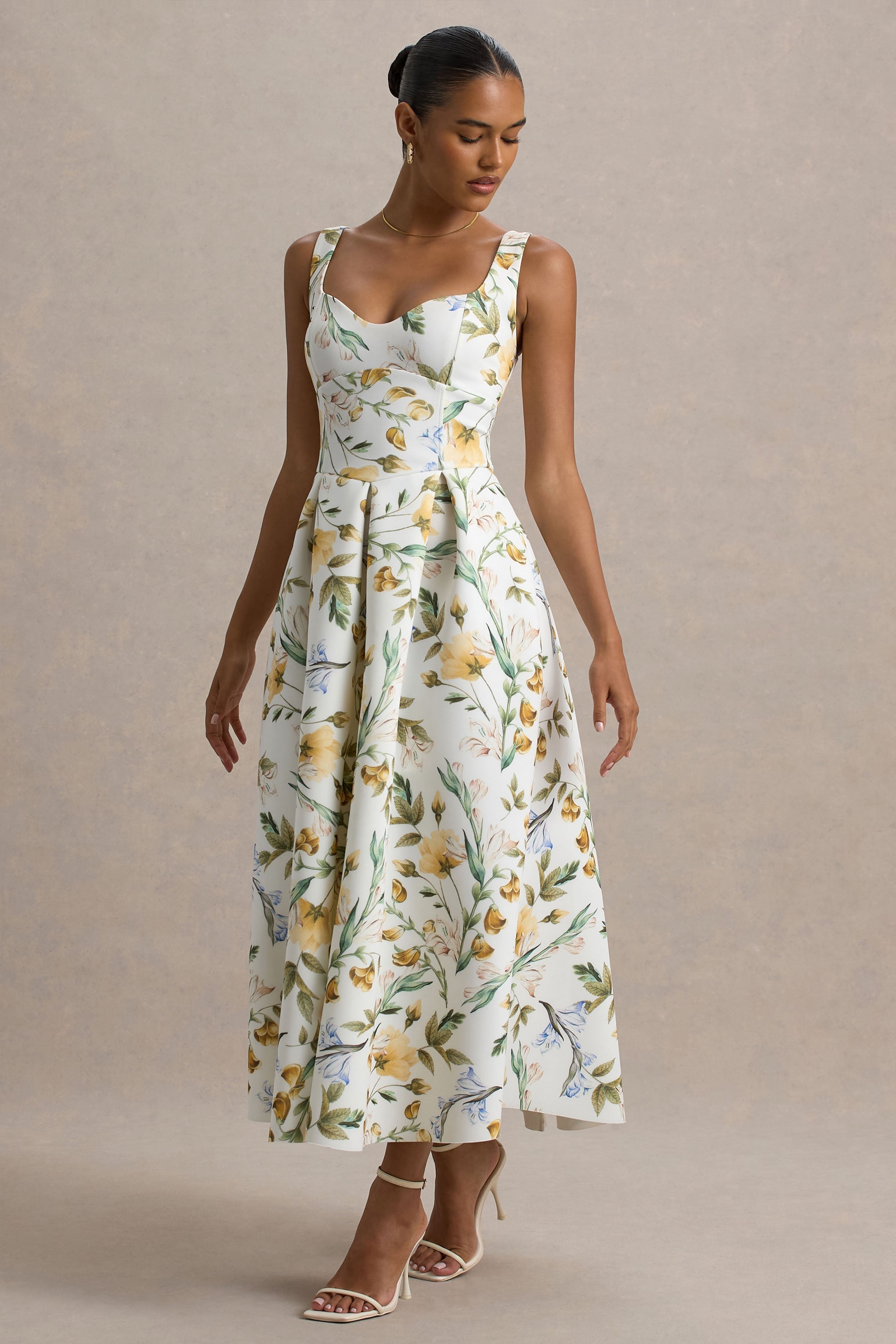 Rosemary | Floral Print Sweetheart Midi Dress With Drop Waist