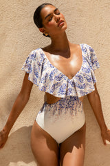 Paros | Wisteria Print Plunge-Neck Ruffled Swimsuit