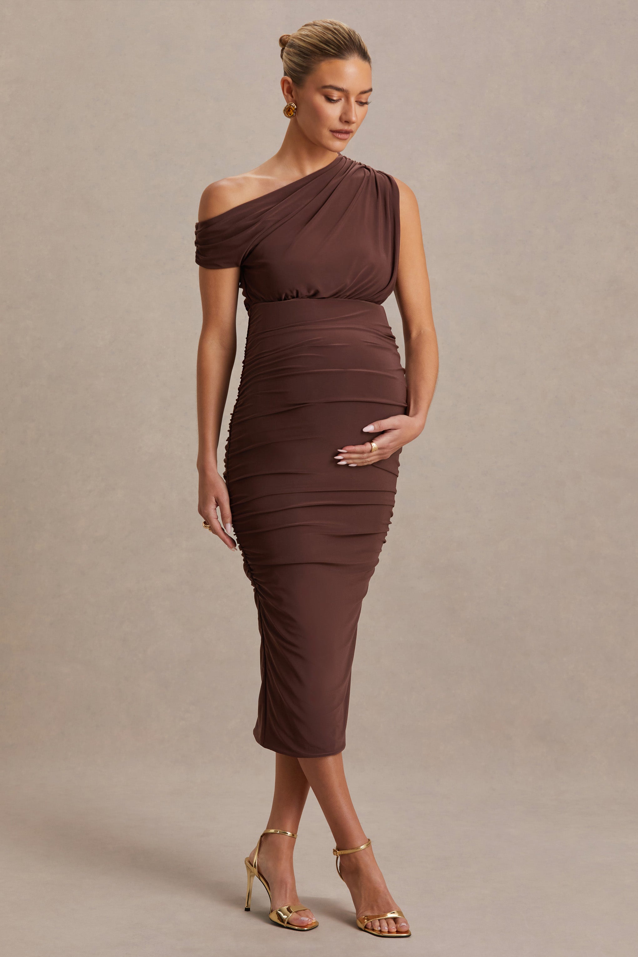Linnea | Brown Asymmetric-Neck Maternity Midi Dress