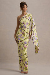 Clementina | Tulip Floral Print Asymmetric Cape Sleeve Maxi Dress