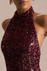 Tulia | Burgundy Sequin High-Neck Maxi Dress