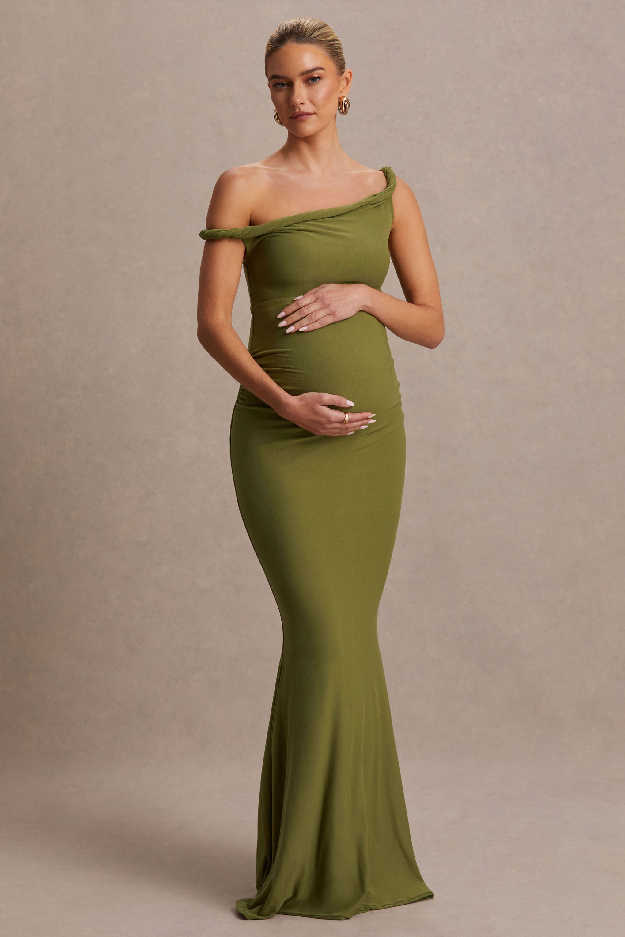 Lita | Olive Twisted Asymmetric Maternity Maxi Dress