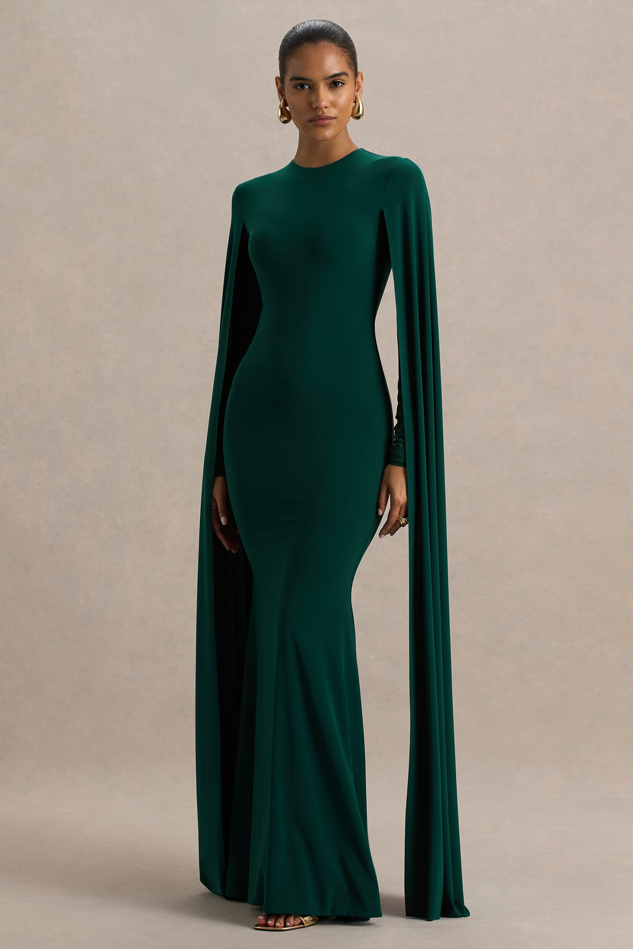 Isla | Bottle Green Crew-Neck Maxi Dress With Cape Sleeve